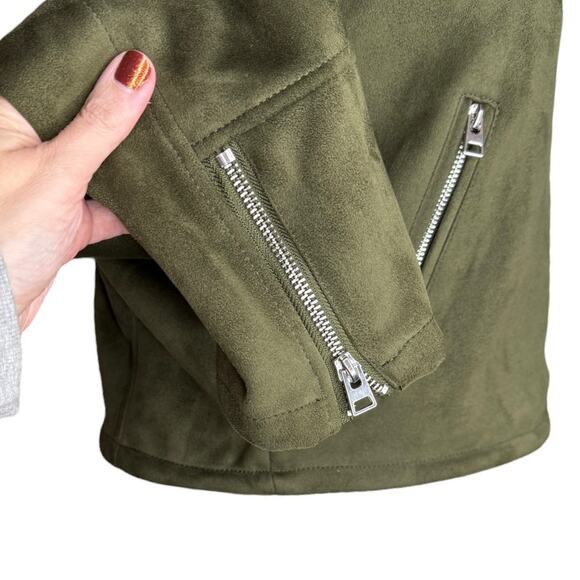 Topshop Faux Suede Moto Jacket Lux Olive Green With Silver Hardware Size 6 - Picture 4 of 8